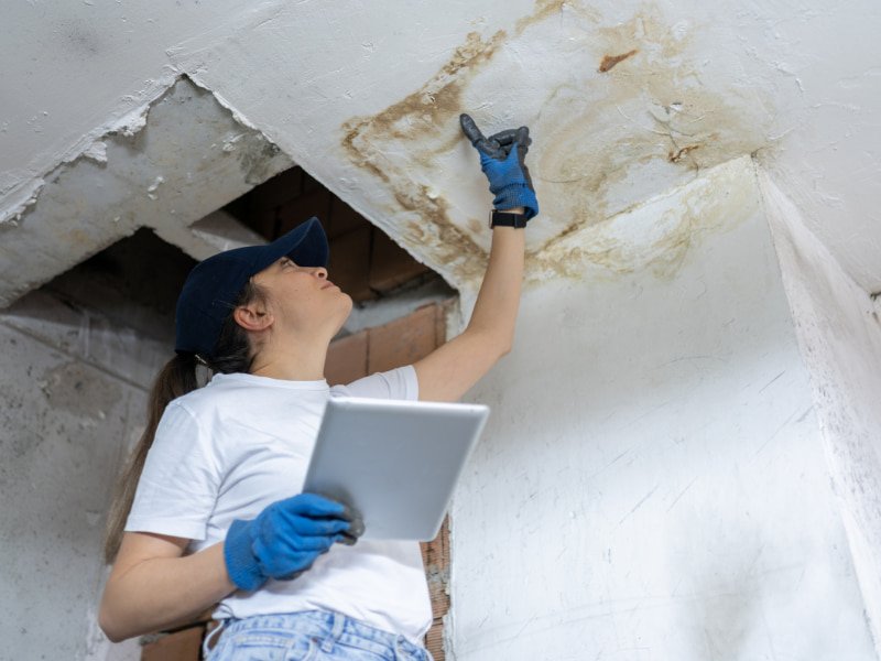 women checking water damage from ceiling